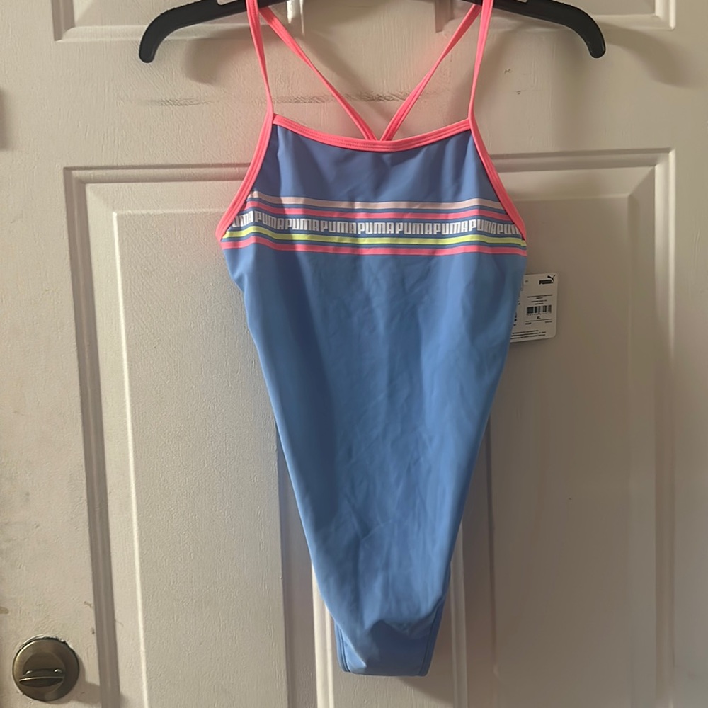 PUMA ONE PIECE SWIMSUIT: DAYDREAM BLUE/PINK: NEW WITH TAGS: SIZE XL